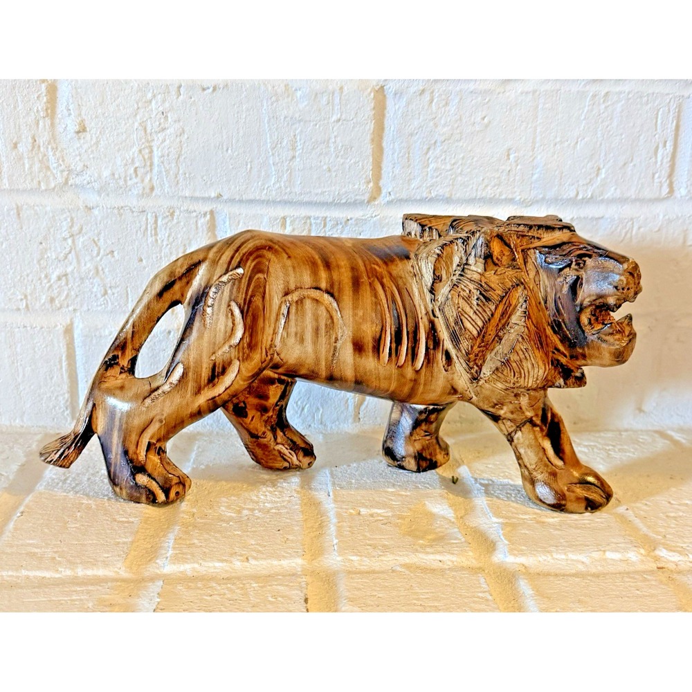 Hand‎ Carved African Lion Wood Sculpture Safari Teak Figurine 13.5 Inch